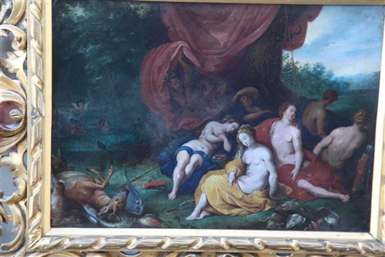 17th century Flemish School Diana and attendants asleep in woodland 10.75 x 15in.